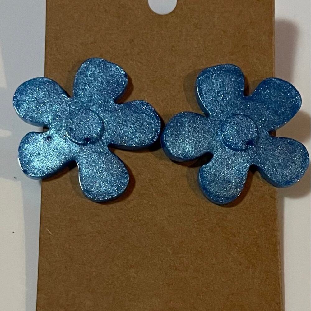 Handmade epoxy resin large‎ flower earrings - blue shimmer